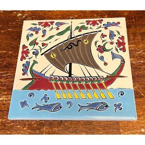 Handmade Nassos Keramik Greek Decorative Tile With Ship Design Vintage Wall Art